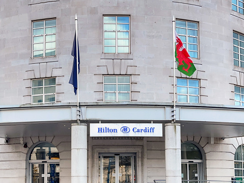 Cardiff, Wales - 13 December 2023: Front exterior view of the Hilton Hotel in Cardiff city centre