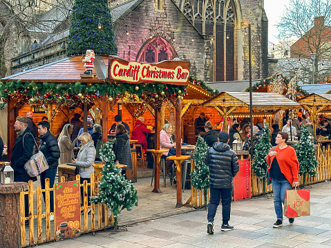 Cardiff, Wales - 13 December 2023: Bar in the city's Christmas market
