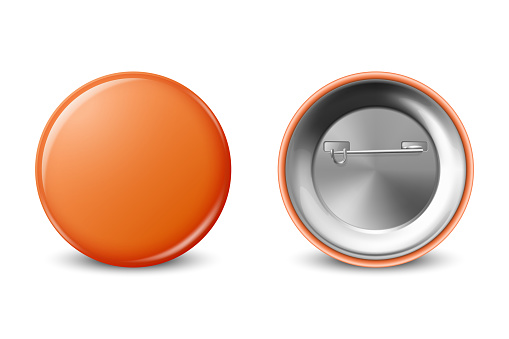 Vector 3d Realistic Blank Orange Round Button Badge Set Closeup Isolated on a White Background. Button Badge, Plastic or Metal ID Badge Design Template, Mockup. Front View.