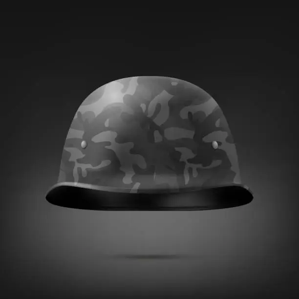Vector illustration of Vector 3d Realistic Black Military Protect Helmet Icon Closeup. Helmet, Army Symbol of Defense and Protect. Soldier Helmet Design Template