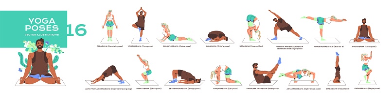 People in different yoga poses set. Man and woman stretch, training balance. Various asanas for meditation, sport exercises, spiritual practices. Flat isolated vector illustration on white background.