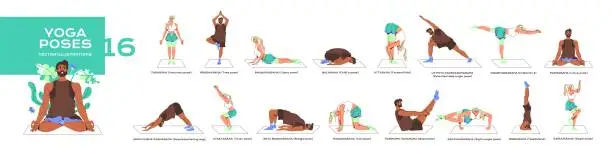 Vector illustration of People in different yoga poses set. Man and woman stretch, training balance. Various asanas for meditation, sport exercises, spiritual practices. Flat isolated vector illustration on white background