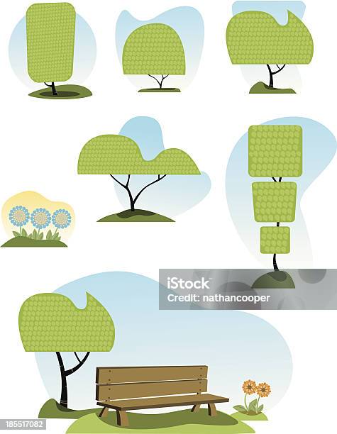 Elementos De Árvore E Banco De Parque - Arte vetorial de stock e mais imagens de Ajardinado - Ajardinado, Azul, Banco - Assento