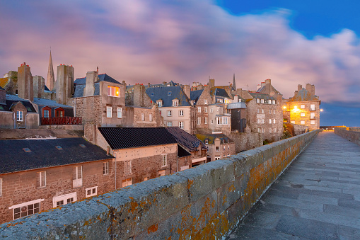 Old Town of walled city Intra-Muros in Saint-Malo at sunset, Brittany, France