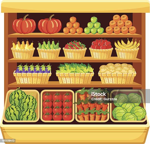 Supermarket Vegetables And Fruits Stock Illustration - Download Image Now - Shelf, Vegetable, Farmer's Market