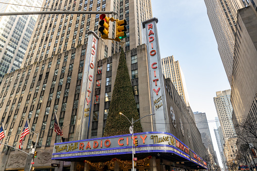 New York, NY, USA - December 9, 2023: Radio City Music Hall is located in the Manhattan neighborhood of New York City and located near Rockefeller Center.