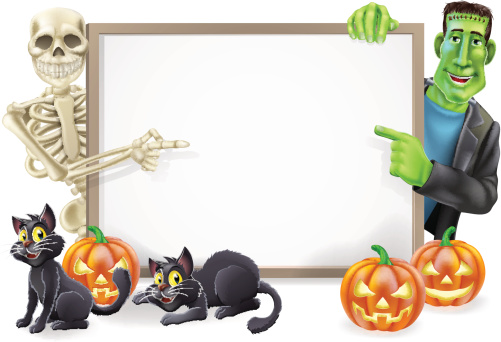 Halloween sign or banner with orange Halloween pumpkins and black witch's cats, witch's broomstick and cartoon Frankenstein monster and skeleton characters.