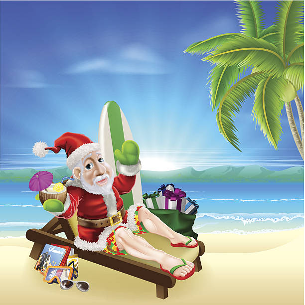 ilustrações, clipart, desenhos animados e ícones de christmas santa praia tropical de cena - beach sunlight surfboard santa claus