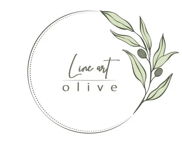 Vector illustration of Botanical line illustration of olive leaves, branch wreath