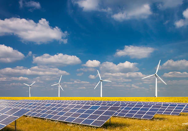 Three renewable energy sources stock photo