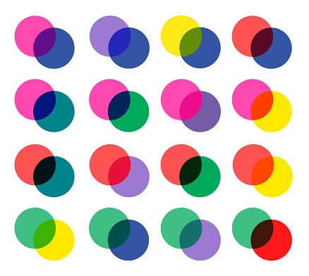 Vector set of intersected colorful circles riso print effect isolated on white background