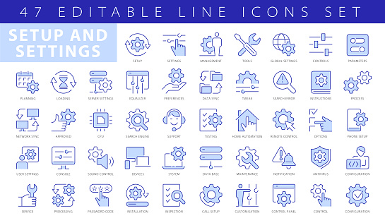 Settings Blue and White Outline Icons. Containing Setup, Tools, Controls, Configuration Vector Icons Collection. Illustrations for website templates, logo design, apps and UI Projects