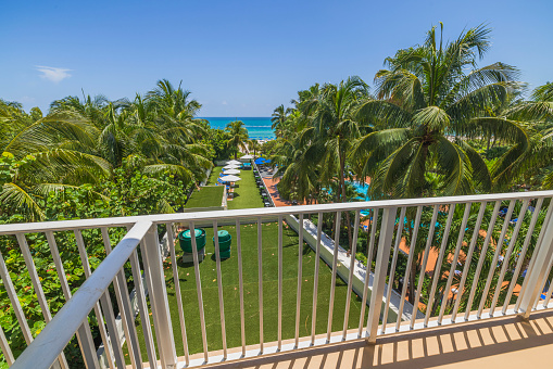 Miami Beach. USA. 12.14.2023. A breathtaking balcony view of the hotel premises featuring palm trees and sun loungers, set against the backdrop of the Atlantic Ocean.