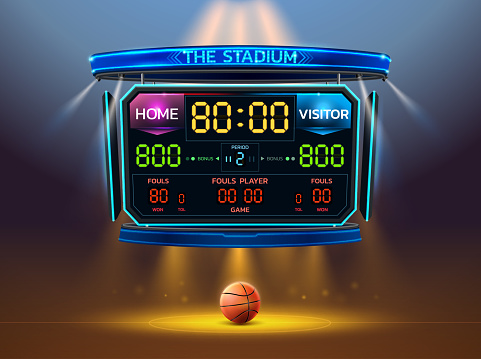 Basketball Scoreboard And Stadium Spotlight Stock Illustration