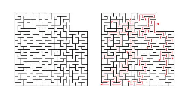 Vector illustration of Vector illustration. Template for an educational logical game labyrinth for children with a solution. Find the right path