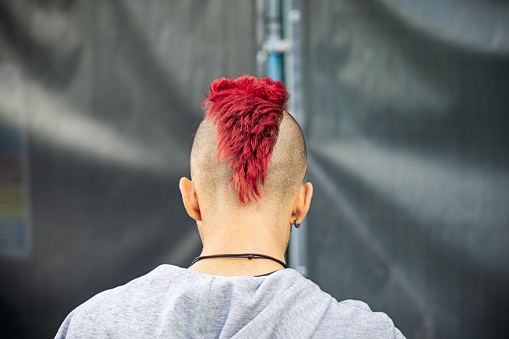Trafalgar Square, London, England - October 30th 2023:  Young punk with a red mohawk seen from behind