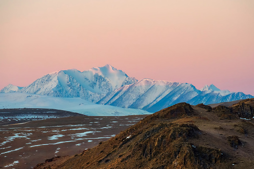 Soft pink light glides over the snow-capped peaks of the mountains in the early morning. Beautiful mountain landscape of the North Chui ridge, with snow-capped mountain peaks, beautiful pink glow.