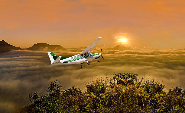 Beautiful airplane on sunrise background stock photo