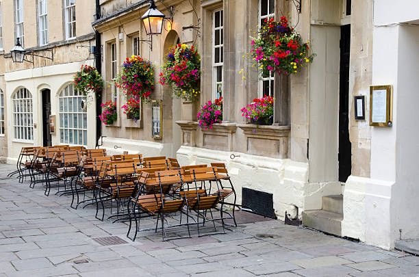 Empty street cafe, Bath, England stock photo