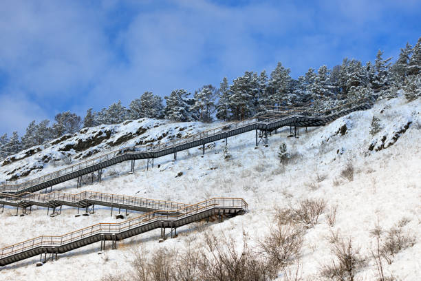Walking staircase on a snowy hillside in sunny winter day at Krasnoyarsk, Russia. Empty long staircase against snowy pine trees and blue sky.