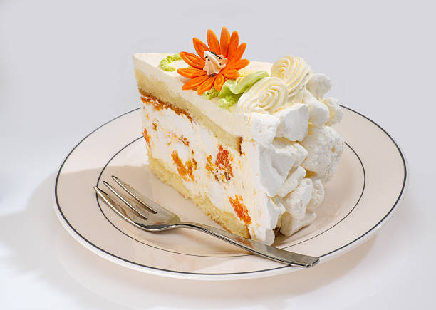 Horizontal Still Life. Cake  with Flower on Plate with Fork. White Background. Studio Isolated.