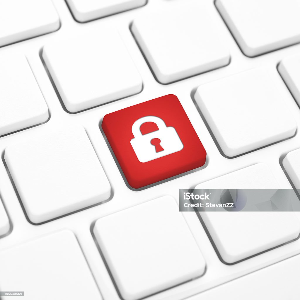 Concetto di sicurezza internet di accesso, il blocco rosso chiave su bianco tastiera - Foto stock royalty-free di Accessibilità