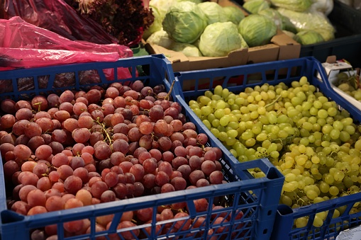 Many fresh grapes and cabbages on counter at market