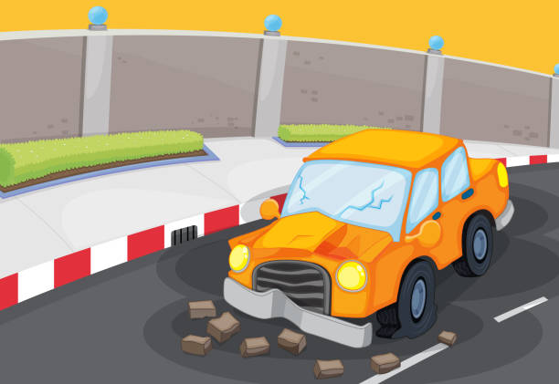 ilustrações, clipart, desenhos animados e ícones de rachado carro na estrada - glass circle cracked striped