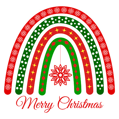 Boho Christmas rainbow, vector illustration. Cute rainbow with snowflakes, Christmas decorations.