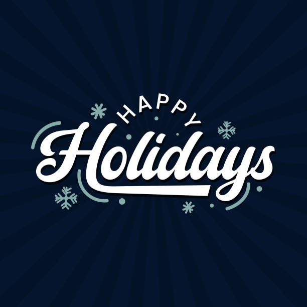Happy holiday vector typography illustration on blue background with some winter elements. Greeting holiday card, Christmas and New Year phrase. retro lettering to winter holiday design. Happy holiday vector typography illustration on blue background with some winter elements. Greeting holiday card, Christmas and New Year phrase. retro lettering to winter holiday design. happy holidays short phrase stock illustrations