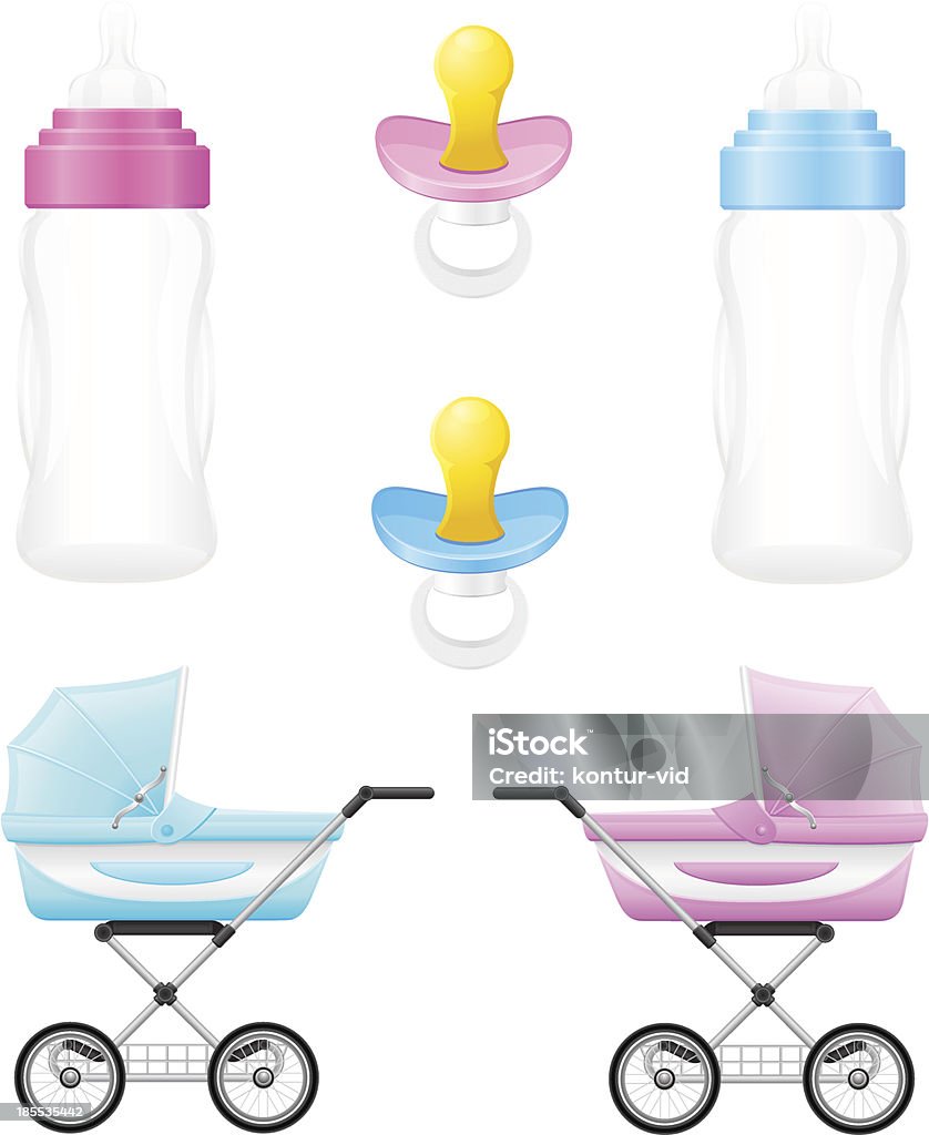 Набор иконок perambulator Бутылка Детская соска розовый и голубой Векторная иллюстрация - Векторная графика Белый роялти-фри