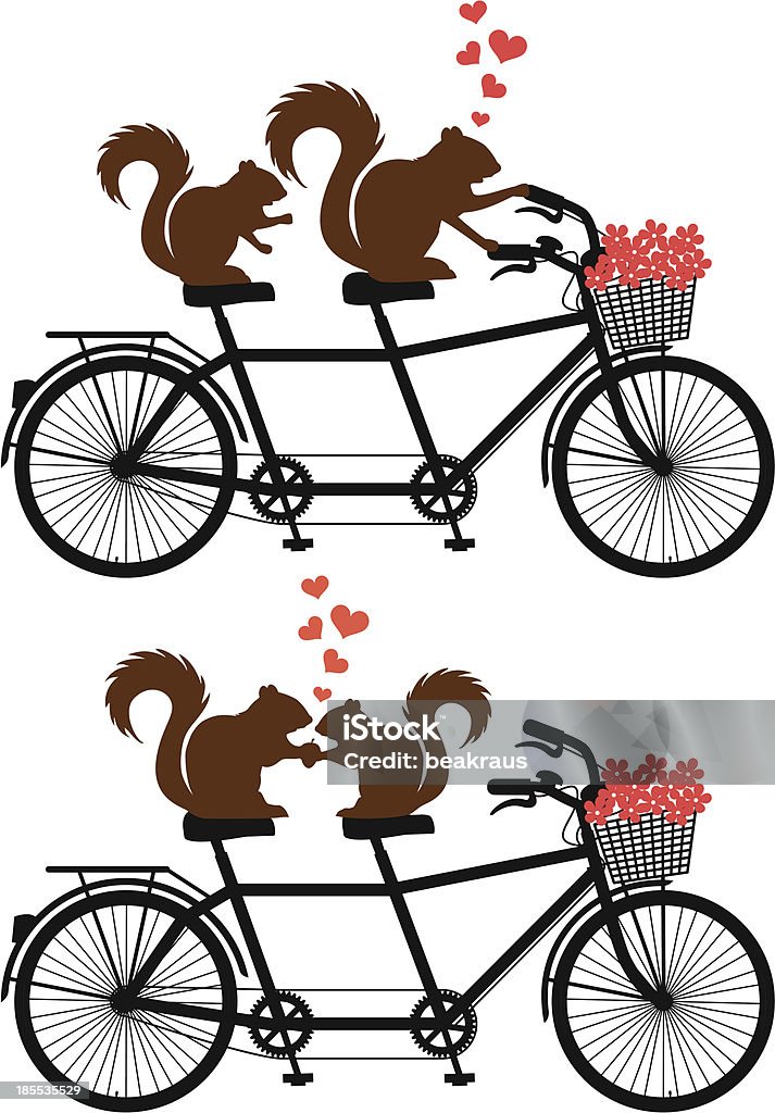 squirrels in love on bicycle, vector squirrel couple in love on tandem bicycle with red hearts, vector illustration for wedding invitation, Valentine's day card Tandem Bicycle stock vector