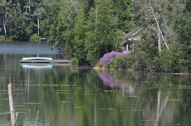 Smithers, Canoe on the lake Beautiful, flowers, house and canoe reflected on the lake smithers british columbia stock pictures, royalty-free photos & images