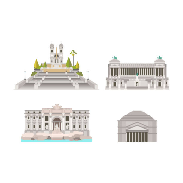Collection of cartoon symbols of Rome, Italy. Popular tourist architectural objects: The Spanish Steps, Square of Venice, Trevi Fountain, Pantheon. Rome icons set. Popular tourist architectural objects: The Spanish Steps, Square of Venice, Trevi Fountain, Pantheon. piazza di spagna stock illustrations