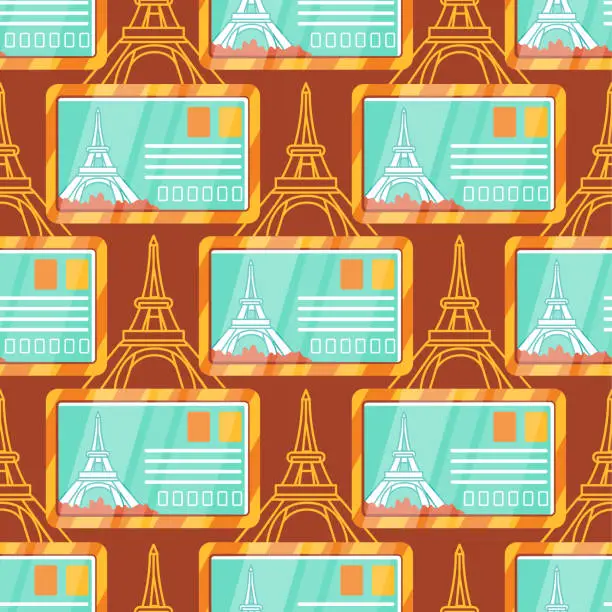 Vector illustration of Vector pattern on the theme of tourism, Paris and the Eiffel Tower in a cute cartoon style.