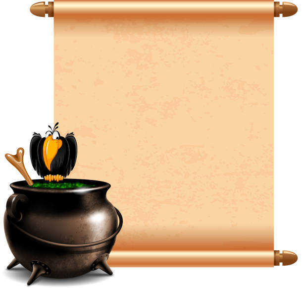 Cartoon of a cauldron with bird perched, against open scroll Witches cauldron with potion and magic scroll isolated on white background. bewitchment stock illustrations