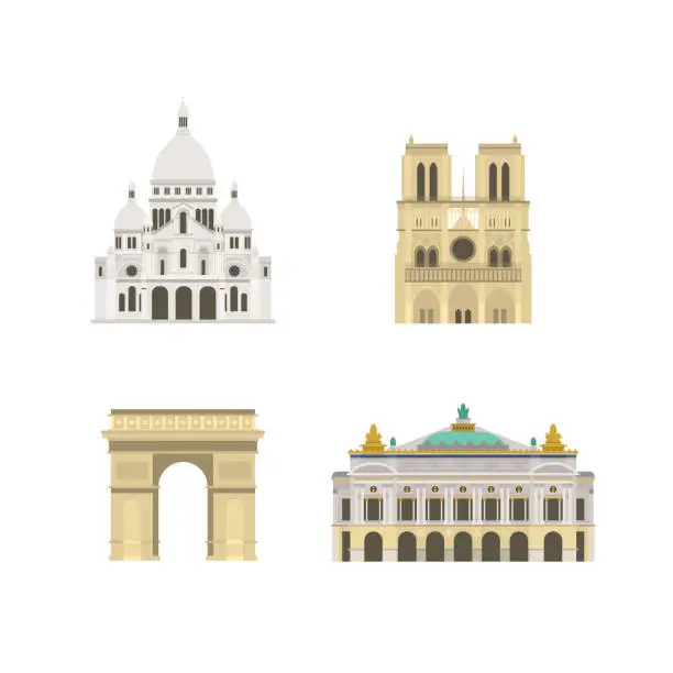 Vector illustration of Collection of cartoon symbols of Paris. Popular tourist architectural objects: Basilica of the Sacred Heart, Notre-Dame, Arch of Triumph, National Opera Garnier, France.