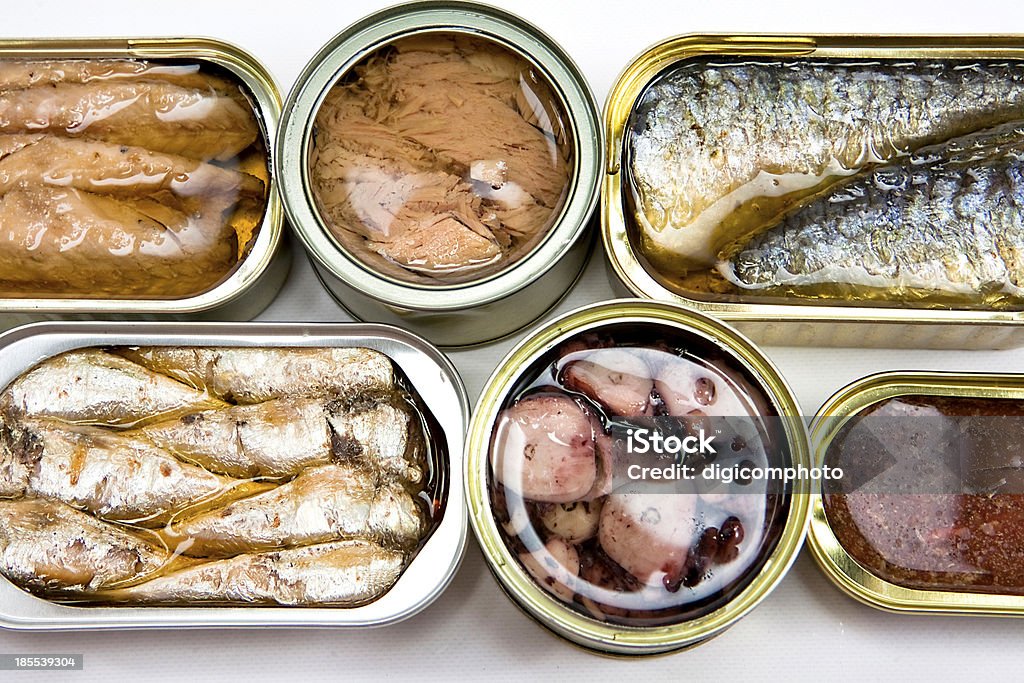 Tin cans full of seafood type foods like tuna and sardines Tins of different sizes and opening Can Stock Photo