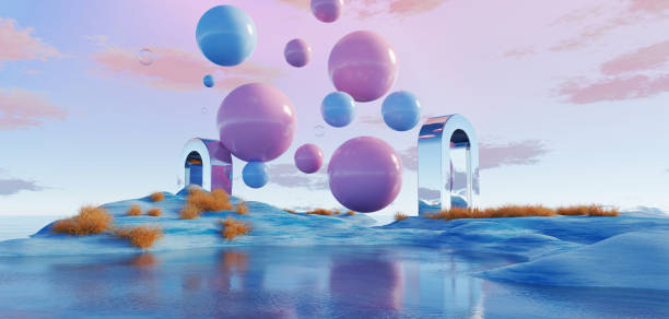 istock 3d Render, Abstract Surreal pastel landscape background with arches and podium for showing product, panoramic view, Colorful dune scene with copy space, blue sky and cloudy, Minimalist decor design 1855394864