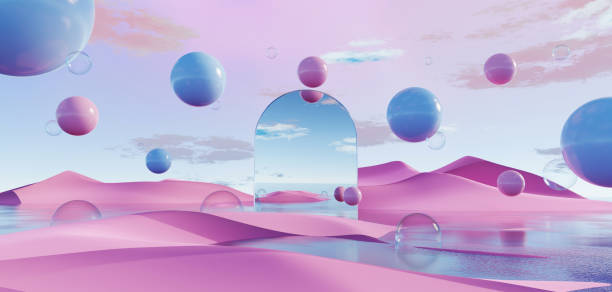 istock 3d Render, Abstract Surreal pastel landscape background with arches and podium for showing product, panoramic view, Colorful dune scene with copy space, blue sky and cloudy, Minimalist decor design 1855394865
