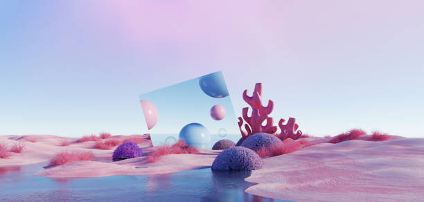 istock 3d Render, Abstract Surreal pastel landscape background with arches and podium for showing product, panoramic view, Colorful dune scene with copy space, blue sky and cloudy, Minimalist decor design 1855395449
