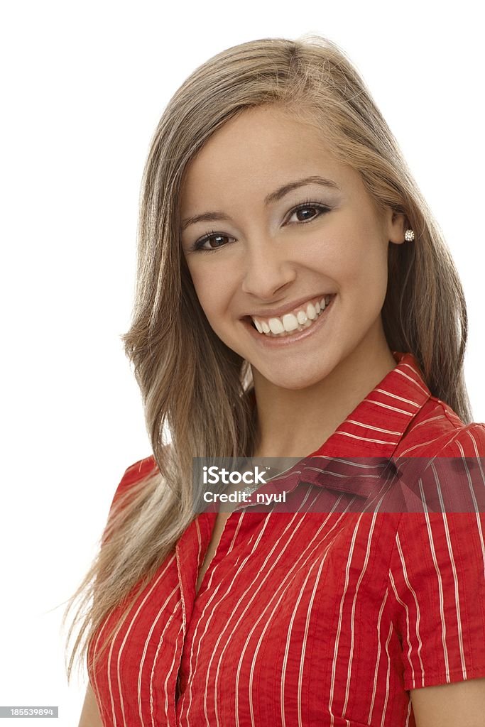 Detalhe do retrato de menina feliz em vermelho - Foto de stock de 20 Anos royalty-free