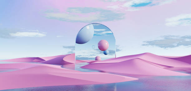 istock 3d Render, Abstract Surreal pastel landscape background with arches and podium for showing product, panoramic view, Colorful dune scene with copy space, blue sky and cloudy, Minimalist decor design 1855400184