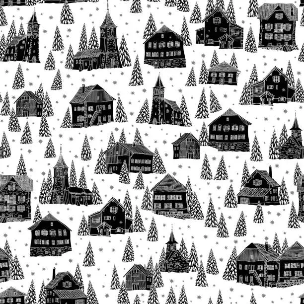 Vector illustration of Christmas and New Year seamless pattern. Fairy tale Alpine houses, stars, snowflakes, fir tree and spruce, black and white doodle background