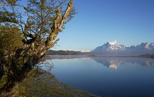 Torres del Paine National Park Lake in early winter sunny day morning. Mist floating on turquoise color water surface.