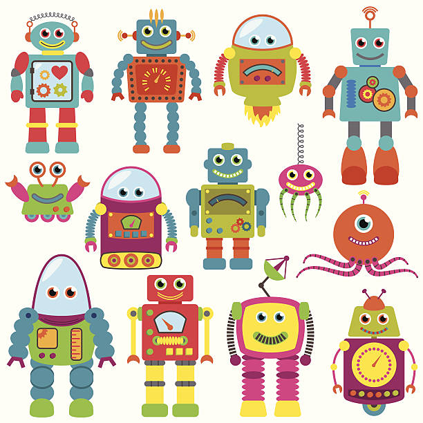 Vector Collection of Colorful Retro Robots Vector Collection of Colorful Retro Robots. No transparency or gradients used. Large JPG included. Each robot is individually grouped for easy editing. robot spider stock illustrations
