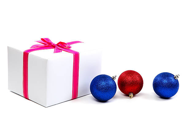 istock White gift box with pink ribbon and christmas balls around. 185542241