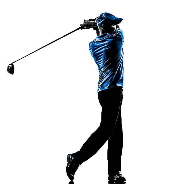 hombre de jugador de golf swing silueta de golf - golf athlete fotografías e imágenes de stock