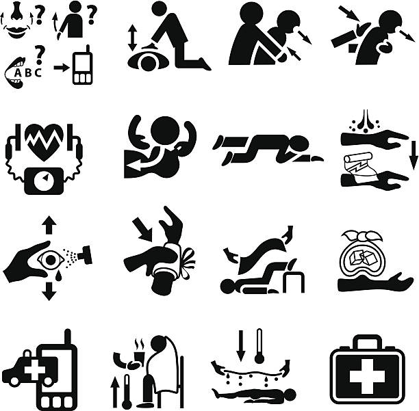 First Aid and Emergency Icon Set Symbols showing first aid procedures. faint stock illustrations