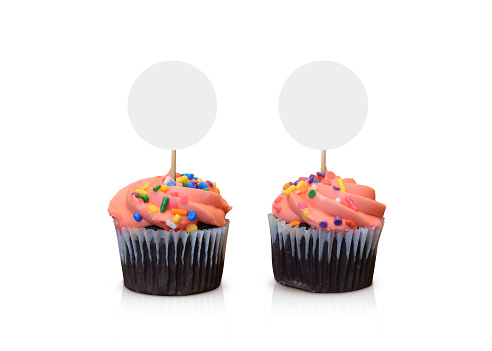 Closeup of two festive pink cupcakes with joyful sprinkles and circle toppers isolated on a white background.